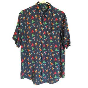 Mens Hawaiian Tropical Casual Button Down Navy with Birds Parrot Print M